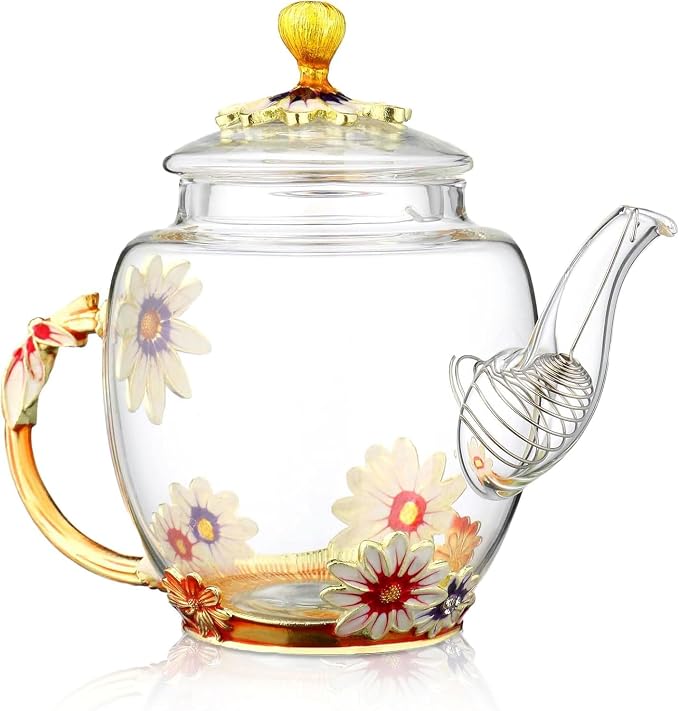 Glass Teapot -300 ml (10 oz), Flower Decoration Heat Resistant Glass Teapot Kettle with Golden Leaf Edge Color Floral Pattern Retro Teapot Tea Party Set (Pink)