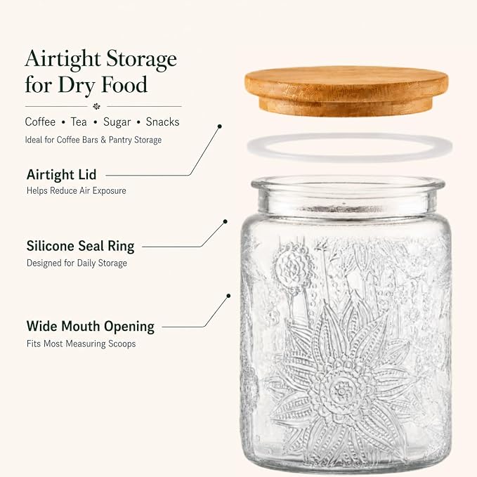 2 Pack Vintage Glass Jars with Lids, Airtight Coffee Storage Jars | Glass Food Storage Containers, Kitchen Canister Set for Coffee Tea Sugar Candy Cookie, Decorative Mason Jars, Cute Jars