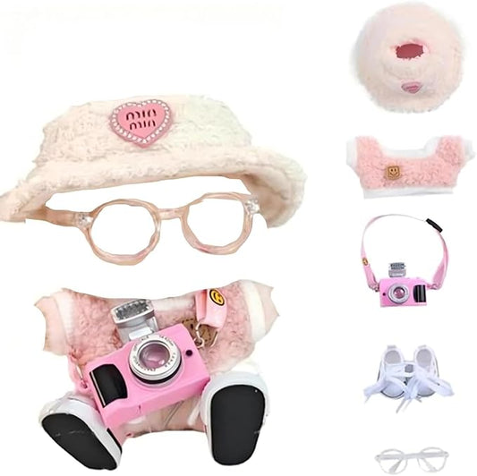 5 Set 17cm Doll Clothes- Clothes for Dolls Outfit - Accessories for Labubu +Light Pink Heart-Shaped Velvet hat + Small Camera + Glasses + Canvas Shoes, No Doll Included (Pink Camera)