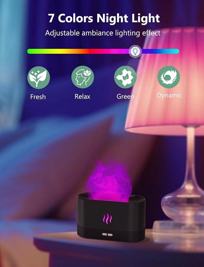 PIZAY Air Humidifier, Essential Oil Diffuser with Led Flame Light - 7 Colors, 180mL Capacity (8 Hours), Noiseless Operation, Auto-Off Protection - Perfect for Home Bedroom Office Gifts(White)