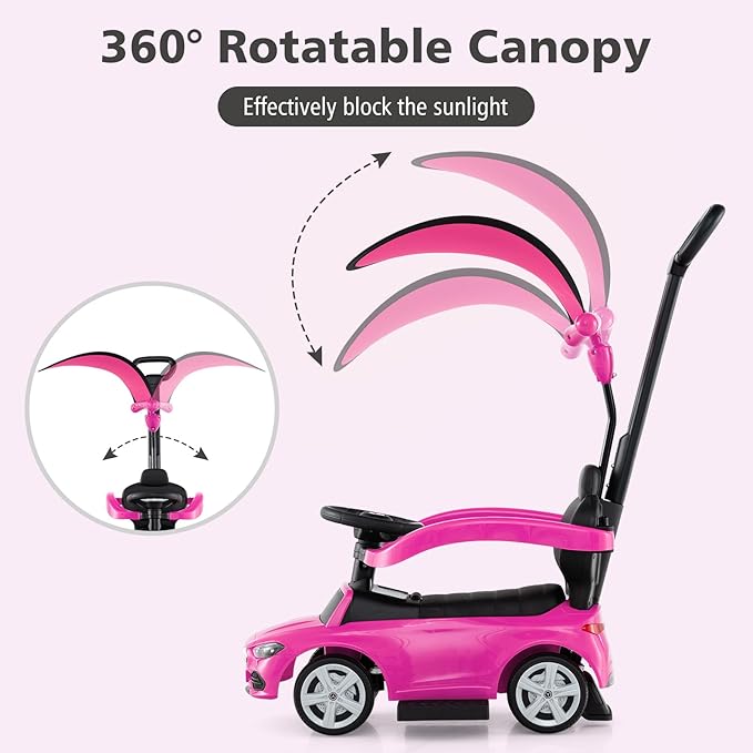 Licensed Mercedes Benz Push Car for Toddlers by INFANS, 3 in 1 Sliding Walking Car with Push Handle, Horn, Music, Underneath Storage, Foot-to-Floor Ride on Toys for Boys Girls, Pink