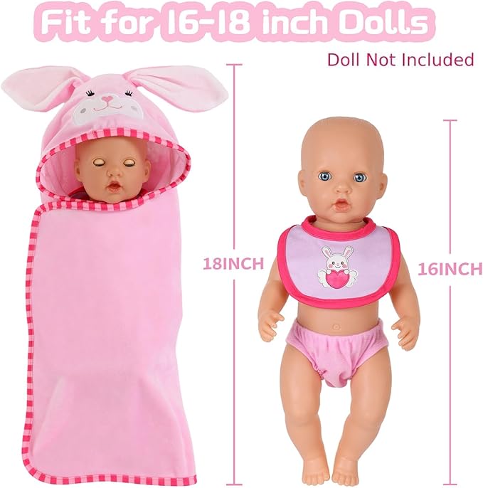 16-18" Baby Doll Accessories Set – 12-Piece Pink Rabbit Quilt & Care Kit Changing & Bathtime Playset for Baby Reborn Alive Dolls, Includes Doll Blanket, Diapers, Bottles (Dolls are Not Included