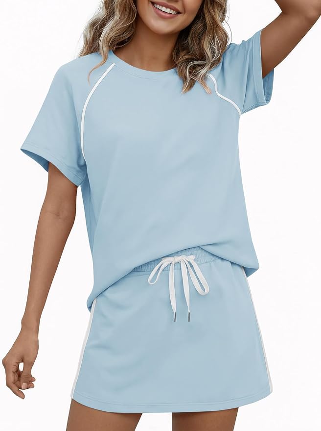 Womens 2 Piece Skirt Sets Summer Tennis Outfits Vacation Skort Set | Two Piece Sets, Short Set, Athletic Workout Golf Outfits, Crew Neck, Color Block, Drawstring, Workout Mathcing Lounge Sets