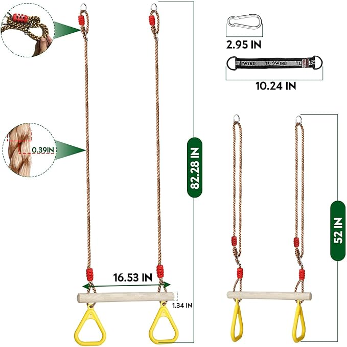 Trapeze Swing Bar with Rings, Wooden Trapeze Swing Bar with Plastic Gym Rings Adjustable Rope, Locking Straps, Outdoor Swing Set Playground Accessories for Kids (Yellow)