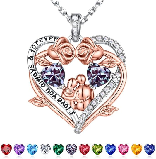 Iefil Valentines Gifts for Her Wife - 925 Sterling Silver Double Heart Birthstone Necklace, Anniversary Birthday Gifts for Women Wife Girlfriend