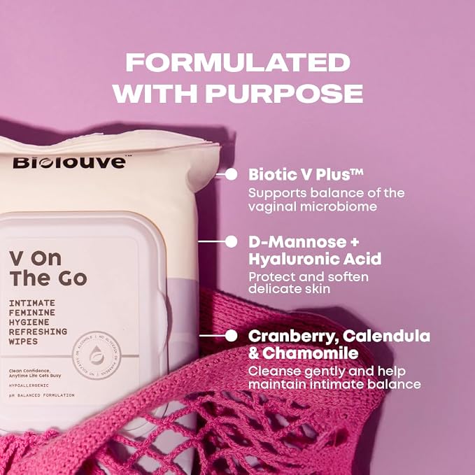 V On The Go Biodegradable Flushable Feminine Wipes for Women | pH-Balance Intimate Wipes with BioticV+ Chamomile & Calendula | Travel Size Fragrance Free (20 Count)