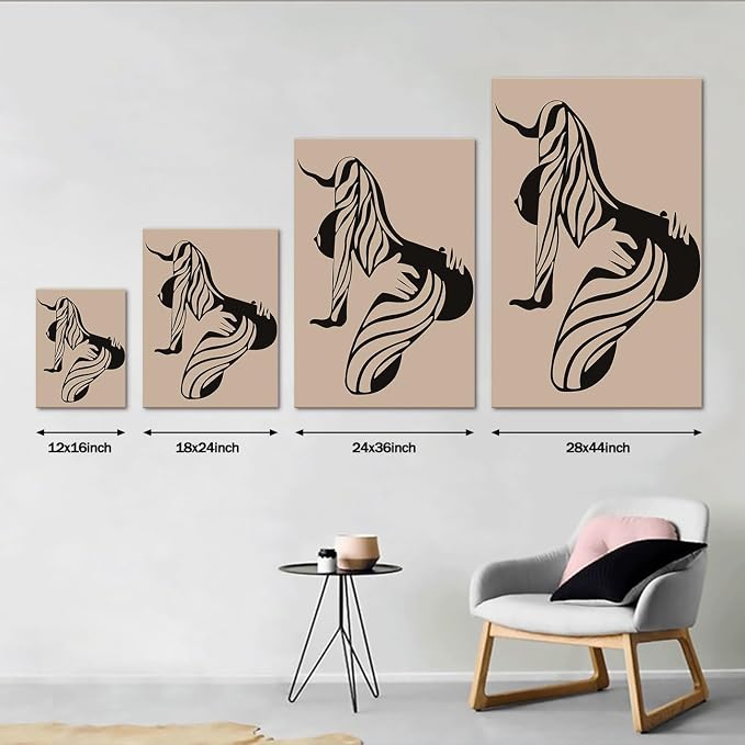 Yeesjoee Large Minimalist Female Line Abstract Wall Art Girl Silhouette, Nude Woman Body Canvas Print, Black & Beige Sexy Picture Painting for Home Living Room Modern Bedroom Decor, 28x44 in Framed