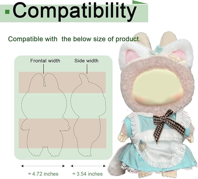 Teal Maid Outfit for Labubu, Maid Dress with Apron Ears and Tail for Labubu Clothes, Cute Maid Costume Set, Clothes Accessories for labubu Toys.