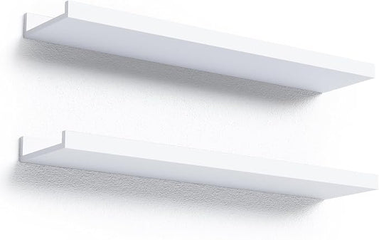 Boswillon Floating Shelves Set of 2, Long Wall Shelf with Lip, 24in, White | Display Ledge Shelf for Room Wall, Wall Decor Shelves for Bathroom, Living Room, Bedroom, Kitchen, Nursery Room, Modern, Wood