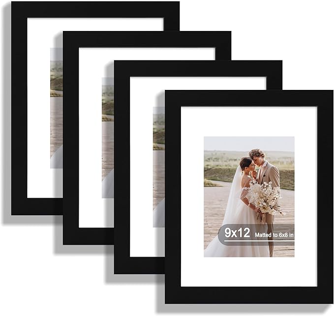 Hongkee 9x12 Picture Frame Set of 4, Made of Real Glass and Rustic Black Frame - Display Picture 6x8 with Mat or 9 x 12 Without Mat, 9 by 12 Photo for Wall or Tabletop