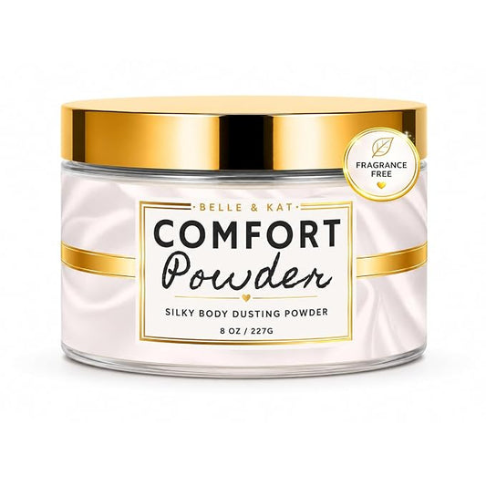 Body Powder for Women & Men, Unscented Fragrance-Free Comfort Powder, Dusting Powder, Bath Powder, All Natural, Talc Free Large 8oz Container with Soft Powder Puff, Silky Soft Smooth Skin, Made in USA
