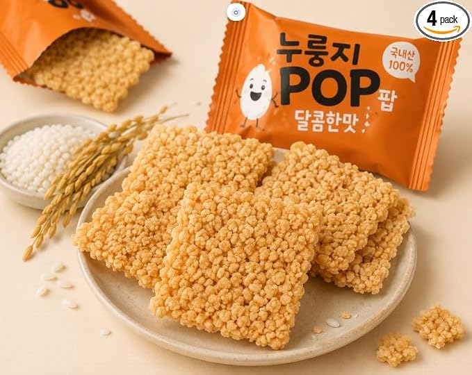 Korean Crispy Rice Snack, Spicy Puffed Rice Crackers, 4 Packs, 6.9 oz (74자) (Sweet & Toasty Roasted Rice Flavor)