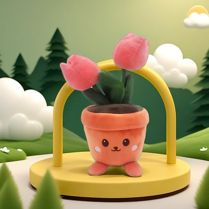 Stuffed Plant Plush Toy, Happy Face Flower Plushies Plant Pillow Decorationr with Natural Scent, Adorable Stuffed Flower for Christmas Horror Plush Halloween(Pink Tulip)