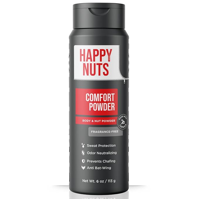 HAPPY NUTS Comfort Powder Deodorant For Men: Anti-Chafing, Sweat and Odor Control for Jock Itch, Aluminum-Free, 6 oz (1 Pack), Fragrance-Free