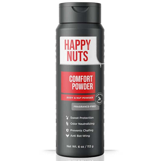 HAPPY NUTS Comfort Powder Deodorant For Men: Anti-Chafing, Sweat and Odor Control for Jock Itch, Aluminum-Free, 6 oz (1 Pack), Fragrance-Free