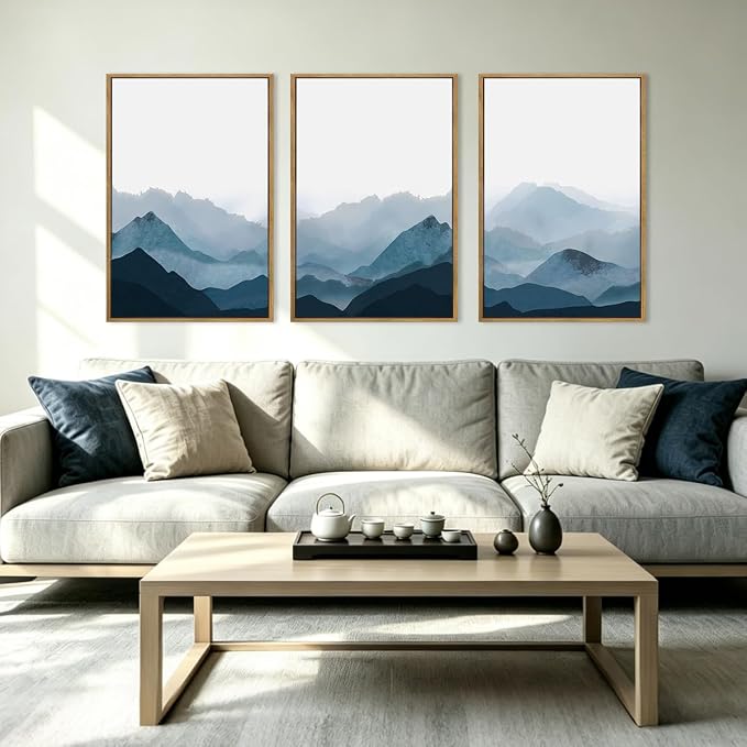BINCUE Large Blue Mountain Wall Art Fog Blue Ridge Mountains Artwork for Living Room Bedroom Office 24x36 Inch Set of 3