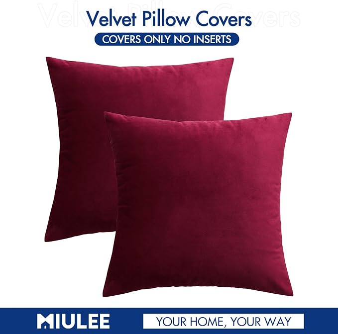 MIULEE 24x24 Inch Pack of 2 Euro Velvet Throw Pillow Covers Wine Red | Soft Solid Decorative Euro Sham, Modern Luxury Home Decor, for King Bed Sofa Couch Bedroom Livingroom