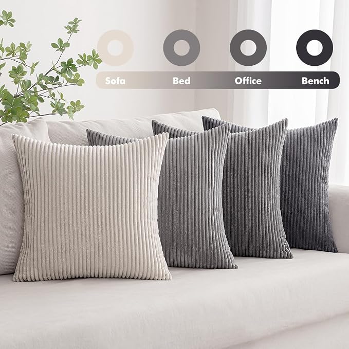 MIULEE Soft Corduroy Decorative Throw Pillow Covers Neutral Grey 18x18 | Set of 4, Mordern Minimalist Decor, Layered Gray Collection, Boho Farmhouse Cushion Covers for Couch Bed Sofa Living Room