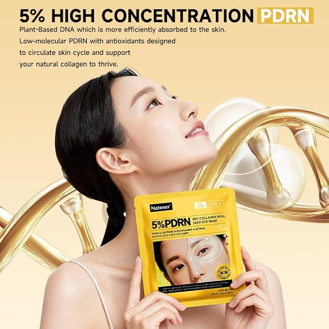 4 Pairs 5% PDRN Under Eye Patches, 6-in-1 Bio-Collagen 360° Eye Patches for puffy eyes, dark circles & Wrinkle | 2% Caffeine, Kojic acid, Retinol, Hyaluronic, Niacinamide | Korean Popular Eye Mask