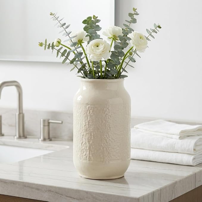 White Ceramic Vase for Flowers, 9 Inch Modern Decorative Vase for Home Decor, Centerpieces, Table, Living Room, Bathroom, Kitchen, Jarrones Decorativos para Sala