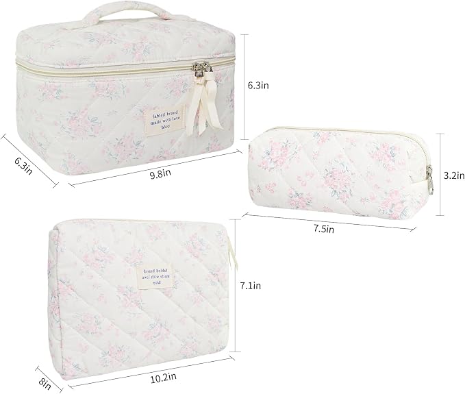 GISMTR 3Pcs Cotton Quilted Makeup Bag Large Travel Cosmetic Bag Coquette Makeup Pouch Cute Aesthetic Floral Toiletry Bag for Women Girls (flower-S)