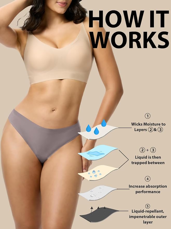 Seamless Thong Period Underwear for Women Teens Light Flow Moisture Wicking Side Leak Prevention Panties 3 Pack