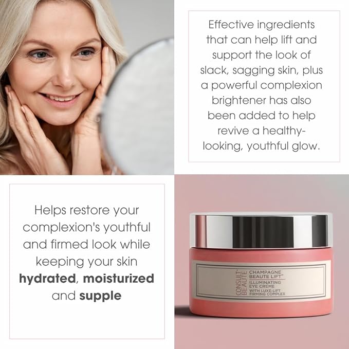 Consult Beaute - Champagne Lift Firming Eye Cream - Anti-Wrinkle - Diminish Appearance of Fine Lines - Hydrating Moisture - Instant Illumination - Nourishing Caviar and Grape Seed Extract - 0.5 oz