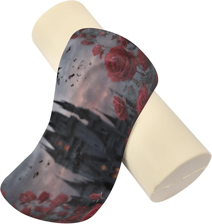 Fresh Rose Cat Castle Halloween Neck Roll Pillow Bolster Round Health Memory Foam Long Cervical Cylinder Pillows with Removable Washable Cover for Body Bed Legs Back Yoga