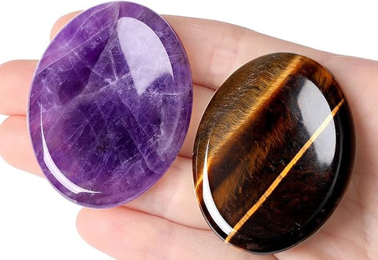 2PCS Worry Stone for Anxiety Tigers Eye Amethyst Healing Crystals Hand Thumb Stones Pocket Gemstones Meditation Accessories Oval Crystal Natural Relax Palm Stone Anxiety Relief Items Stocking Stuffers