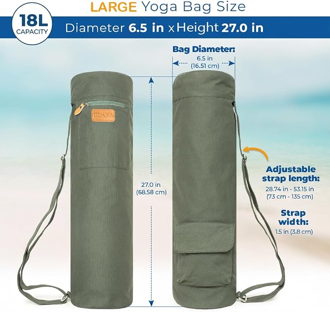 UDANA Canvas Yoga Mat Bag for Women & Men, Full-Zip Carrier with 3 Pockets & Adjustable Strap, Stylish Gym & Pilates Bag – Available in Multiple Sizes