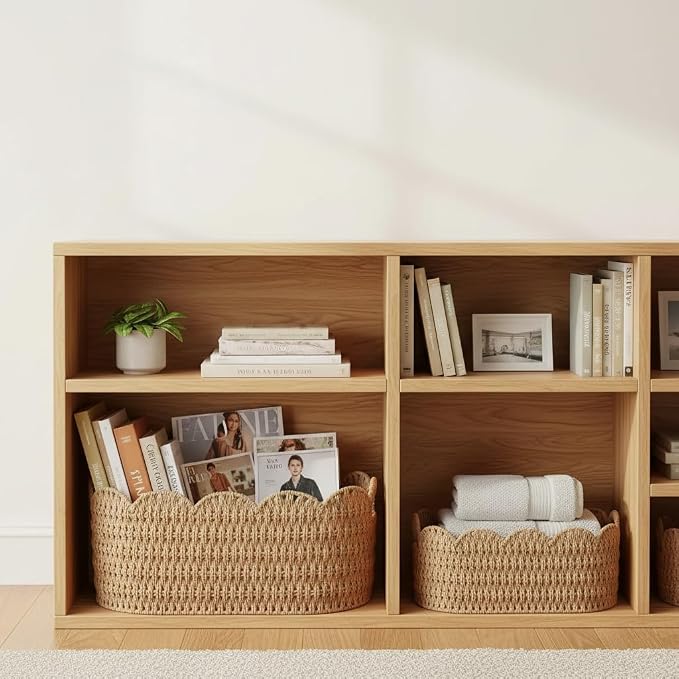 Coeusy Paper Rope Scalloped Basket Set of 2, Wicker Storage Baskets for Shelves,Gifts,Books,Toys,Cute Decor Rattan Baskets for Organizing,Natural Color