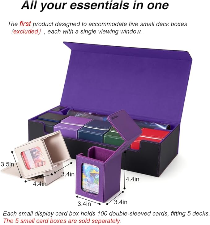 Venssu MTG Deck Box Holds 5 Display Card Deck Boxes with Playmat and Dice Box,Includes 10 colorful dividers and 1 card supporter, Trading Card Storage Box For Magic Game Cards（Black and Purple）