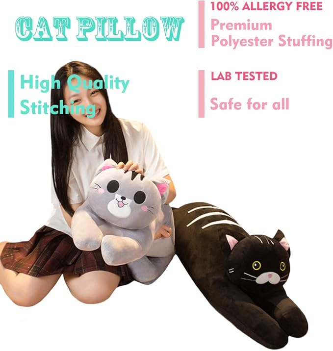 ELAINREN PP Cotton Big Black Kitten Stuffed Doll Cuddly Lying Kitty Plush Toy Cushion Ultra-Soft Cat Shape Plushies Pillow Decor Gifts/31.5''