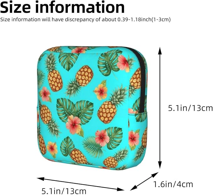 Ladies Sanitary Pad Storage Bag Exotic Tropical Flowers Leaves Watercolor Pineapple, Portable Polyester Period Pouch, Holds Tampons Panty Liners Menstrual Cup for Outdoor