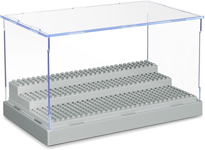 KKU Display Case for Figures, Minifigure Display Case Box Storage 10" X 6.1" X 5.4", Action Figures Blocks for Display with 3 Movable Steps