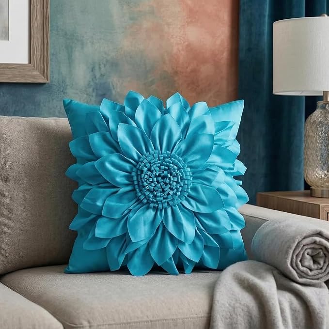 Teal Blue Accent Flower Decorative Throw Pillow Covers for Bed Sofa Couch | Bella's Giftshop Handmade Sunflower Taffeta Pillow Cases Living Room Bedroom Decor, 18x18 Inch
