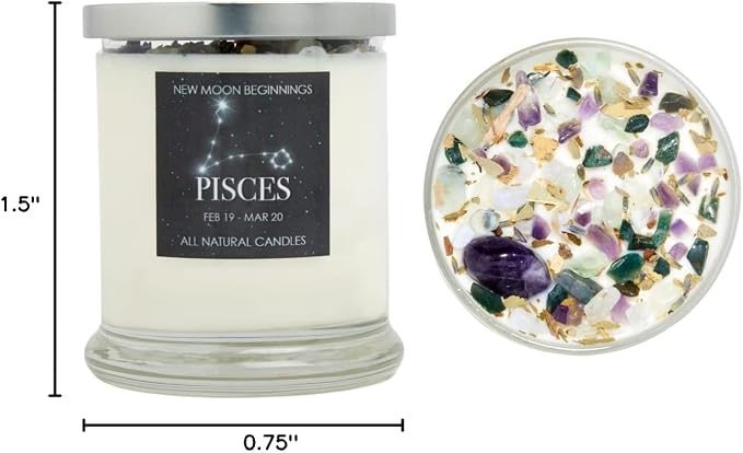 Pisces Zodiac Candle (Feb. 19 - Mar. 20) -Soy Candle - All Natural Aromatherapy Candle - Pisces Horoscope Candle - Crystal Candles - 12 oz Glass Jar