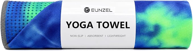 Eunzel Yoga Towel,Hot Yoga Mat Towel with Grip Dots Sweat Absorbent Non-Slip for Hot Yoga, Pilates and Workout 24" x72", Green & Blue