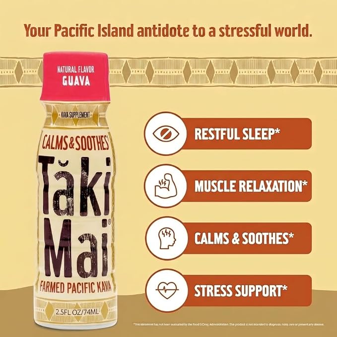 Taki Mai Guava Kava Kava 2.5 oz (6-pack) Shots – Noble Kava Root Drink, Ready to Drink for Stress Support & Relaxation, Fast Acting Herbal Support for Calming Better Sleep and Balanced Mood