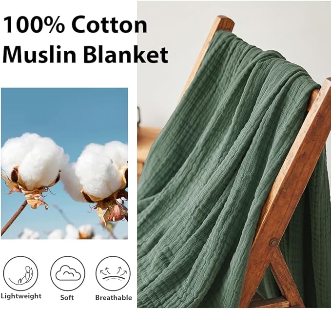 Simple&Opulence Cotton Muslin Throw Blanket for Bed, Couch, Knit Woven Gauze Blanket with Tassels, Soft Lightweight Cozy Pre-Washed Breathable Farmhouse Decoration for All-Season (Olive Green)