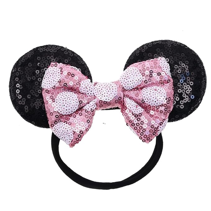 JIAHANG Mouse Ears Sequin Bow Hairband with Polka Dot, Hair Bow Nylon Headband, Soft Elastic Headwear for Baby Girl Newborn Party Supplies