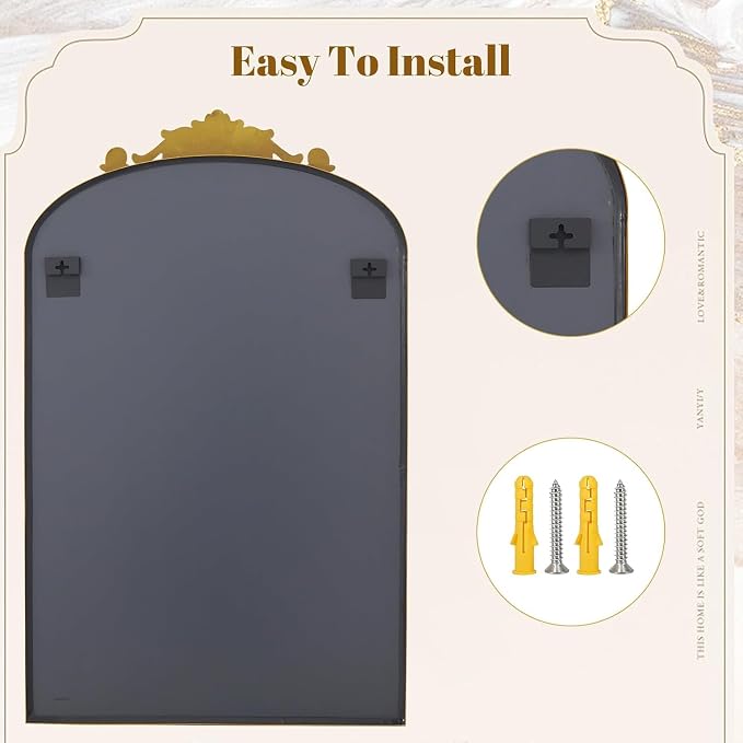 Dewfig Antique Arched Wall Mirror, 36"x24" Vintage Bronze Bathroom Mirror | Ornate Baroque Metal Frame Brass Mirror, Victorian Antique Bronze Mirrors for Living Room, Bathroom, Fireplace, Wall Decor