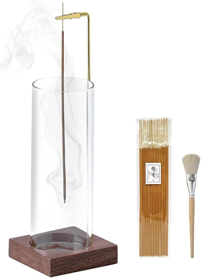 Ceremony Incense Holder, Wooden Incense Holder for Sticks with Glass Ash Catcher Inverted Scent Holder