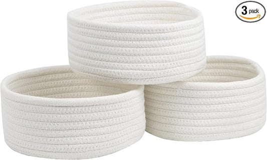 3 Pack Small Woven Cotton Rope Baskets for Organizing, White | Cute Mini Round Basket, Small Storage Baskets for Gift Empty, Decorative Boho Toy Baskets Bins for Nursery, Bathroom, Decor