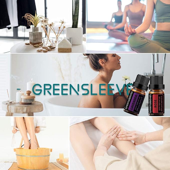 GREENSLEEVES Rose Lavender Essential Oil Set, 2 x 10ml Pure Plant-Based Fragrance Oil for Aromatherapy, Essential Oils for Diffuser, Massage, Bath Bomb, Scented Candle Soap Making