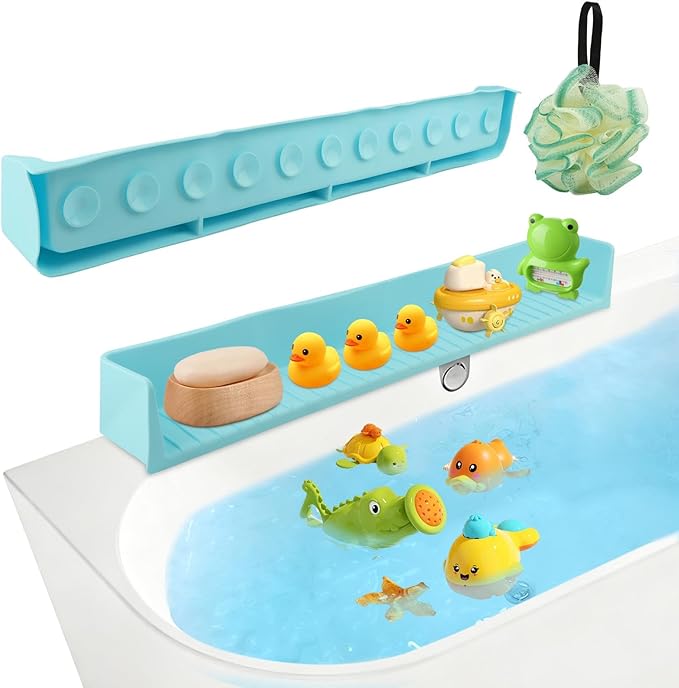 Bathtub Splash Guard for Tub,Longer Silicone Tub Water Splash Guard with 11 Suction Cups,Toy Holder Play Shelf for Bathtime, Prevents Water Spills in Bathroom,Blue
