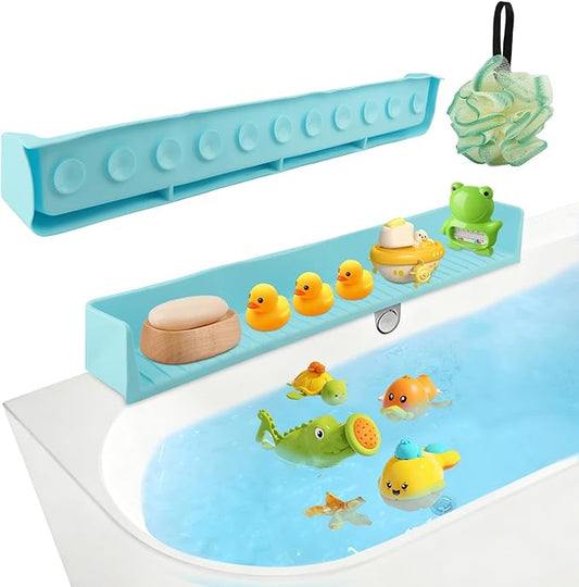 Bathtub Splash Guard for Tub,Longer Silicone Tub Water Splash Guard with 11 Suction Cups,Toy Holder Play Shelf for Bathtime, Prevents Water Spills in Bathroom,Blue