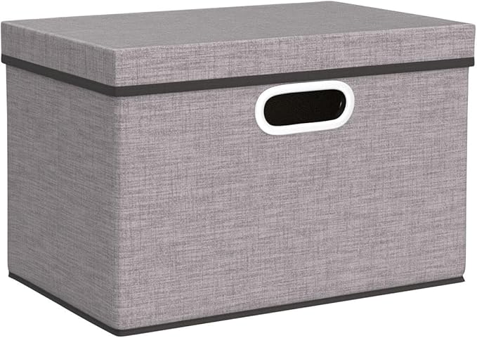 Foldable Storage Boxes with Lids [3-Pack] Linen Fabric Collapsible Storage Bins Organizer Containers Baskets Cube with Cover for Home Bedroom Closet Office Nursery (14.9x9.8x9.8)