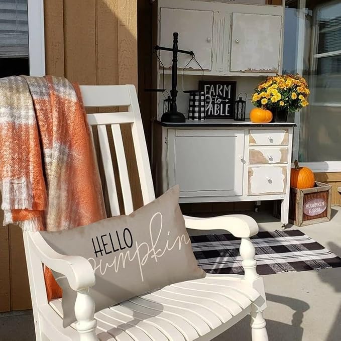 RABUSOFA Fall Pillow Covers 12x20 Inch,Autumn Hello Pumpkin Pillows Decorative Throw Pillows,Lumbar Outdoor Thanksgiving Cushion Cover Farmhosue Fall Decor for Bedroom Couch Sofa Gray