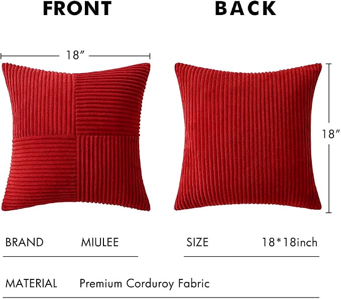 MIULEE Christmas Red Decorative Throw Pillow Covers for Couch 18x18 Inch | 2 Pack, Boho Farmhouse Pillow Covers, Soft Cross Corduroy Patchwork Textured Cushion Cases For Bed Sofa